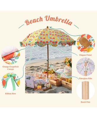 Our Beach Portable Umbrella for Sand Beech Wood Pole Carry Bag with Printed Orange Grapefruit Cute Garden Parasol