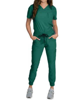 Women's Fleur Stretch Scrub Set with Zip Chest Pocket Top and Knit Rib Cuffs Jogger Pants
