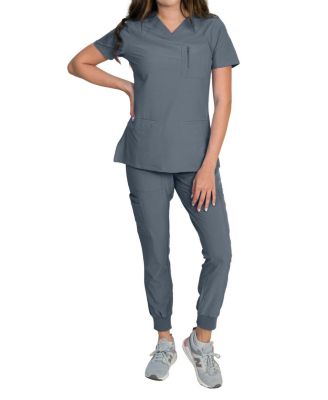 Women's Stretch Scrub Set with Zip Chest Pocket Top and Knit Rib Cuffs Jogger Pants