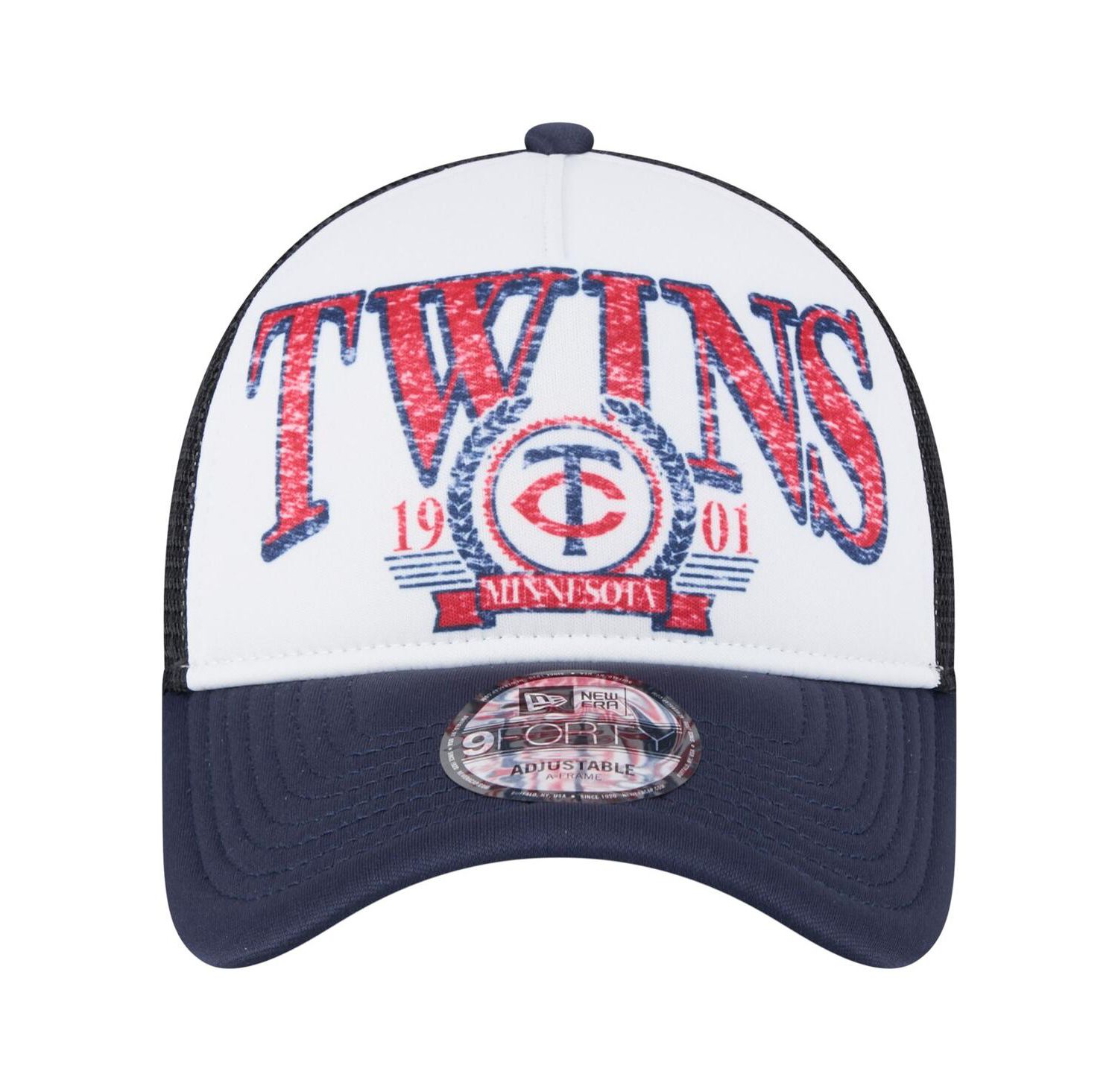 Men's White/Navy Minnesota Twins Distressed 9FORTY A-Frame Adjustable Trucker Hat