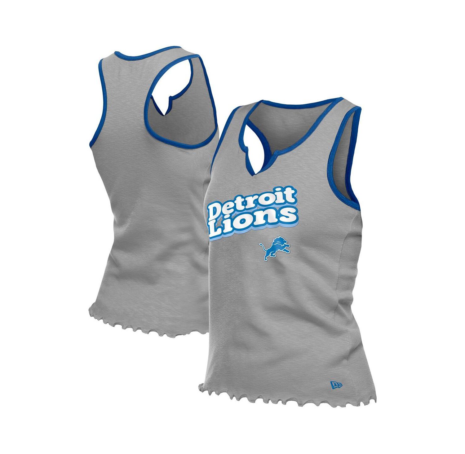 Women's Silver Detroit Lions Lettuce Hem Notch Neck Tri-Blend Tank Top
