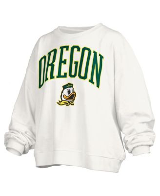 Women's White Oregon Ducks Janise Arch Over Logo Waist Length Oversized Pullover Sweatshirt