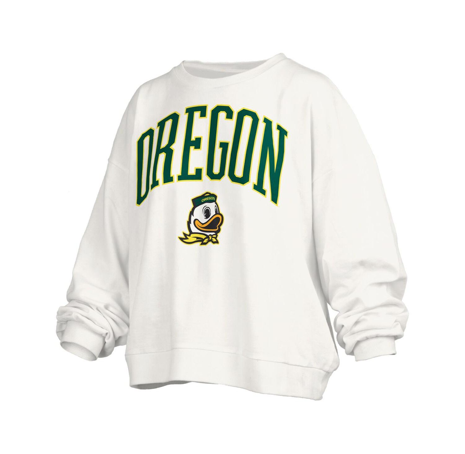Women's White Oregon Ducks Janise Arch Over Logo Waist Length Oversized Pullover Sweatshirt