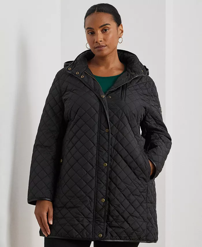 Plus Size Hooded Quilted Faux-Suede-Trim Coat