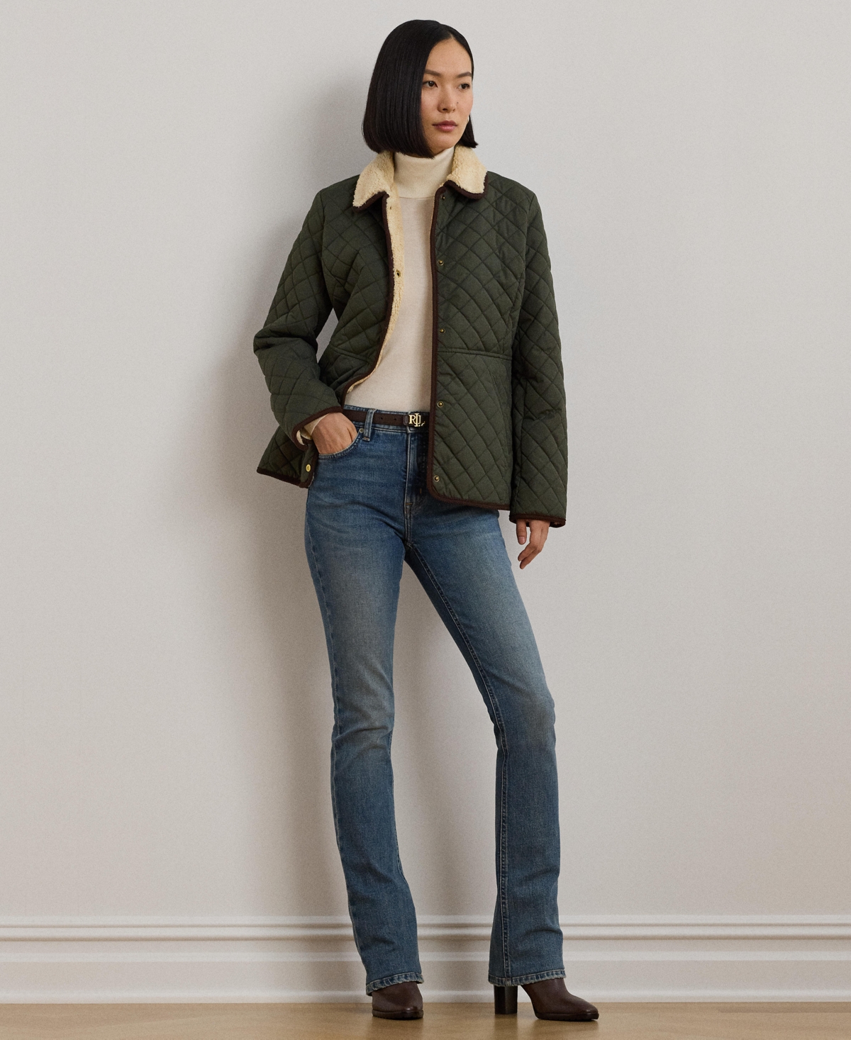 Ralph Lauren Women's Faux-sherpa-collar Quilted Coat In Green