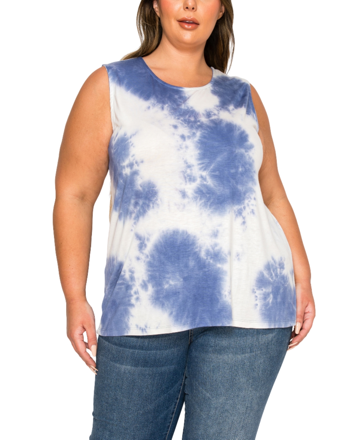 Plus Size Tie Dye Button Back Tank Top - Blue, Ivory