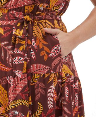 Plus Size Leaf Print Belted Sleeveless Dress