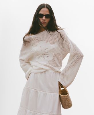MANGO - Women's Flower Detail Openwork Knit Sweater