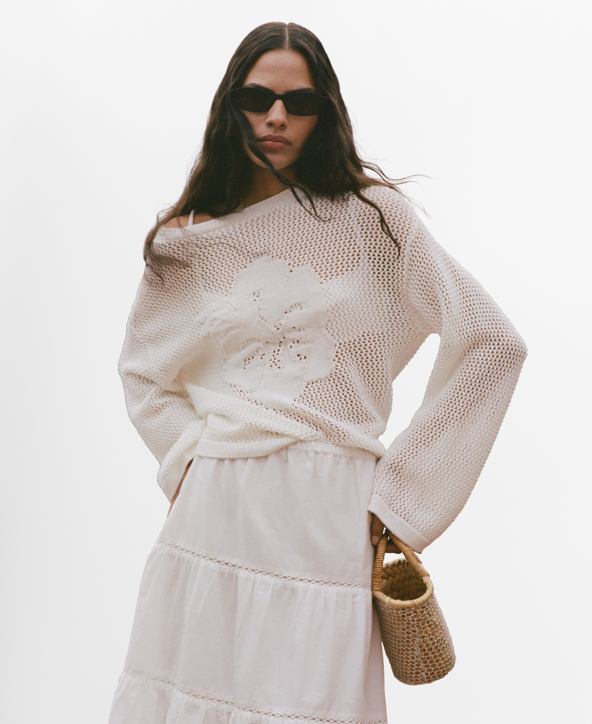 Mango Women's Flower Detail Openwork Knit Sweater In White