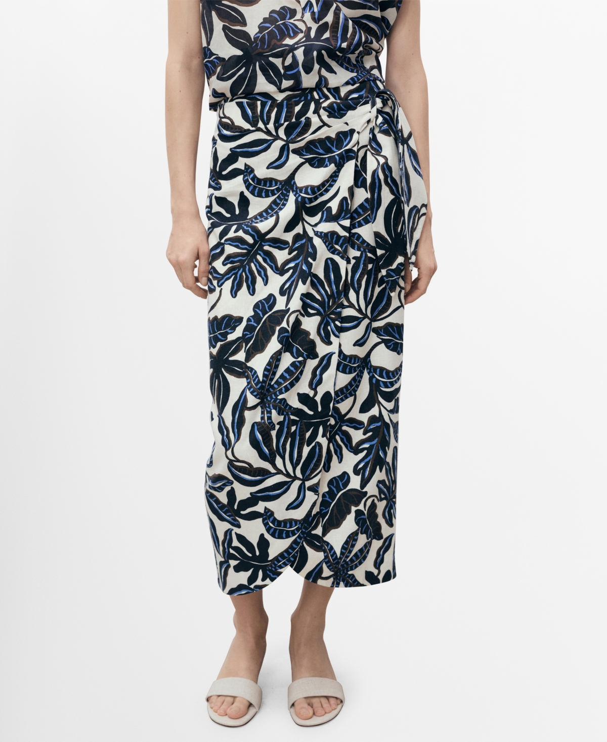 Mango Print Linen Blend Faux Wrap Midi Skirt