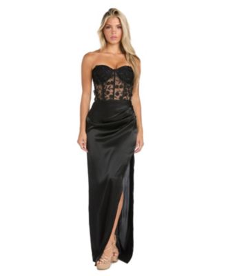 Morgan & Company - Juniors' Strapless Floral-Corset Slit Gown
