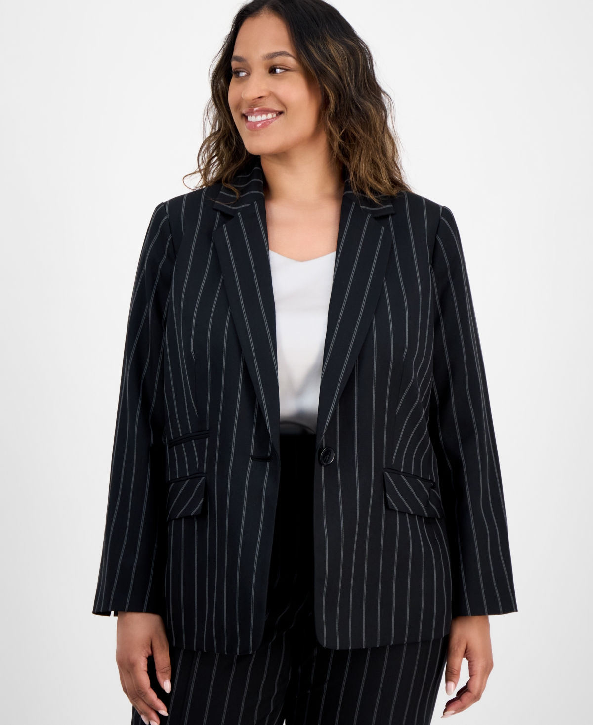 Kasper Plus Size Pinstriped Notched-lapel Blazer