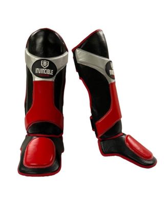 Invincible Shin & Instep - Premium Synthetic Leather Shin Guards for Muay Thai, MMA, Martial Arts Training & Sparring,Black/Red/Silver - Durable Protection for Adults, Teens, Men, and Women