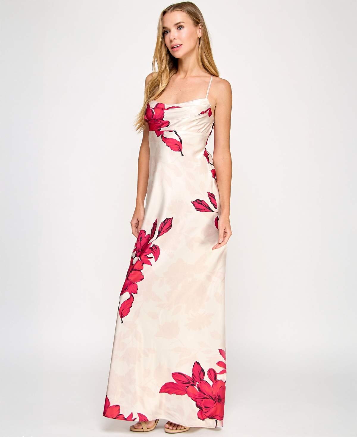 Juniors' Floral-Print Satin Spaghetti-Strap Gown - Cream/red