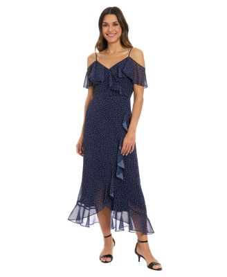 London Times - Women's Printed Cold-Shoulder Ruffled Midi Dress