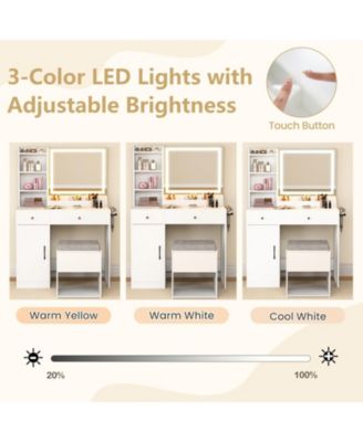 3-Color LED Mirror, Charging Station & Storage Compartments Vanity Dressing Table & Stool Set