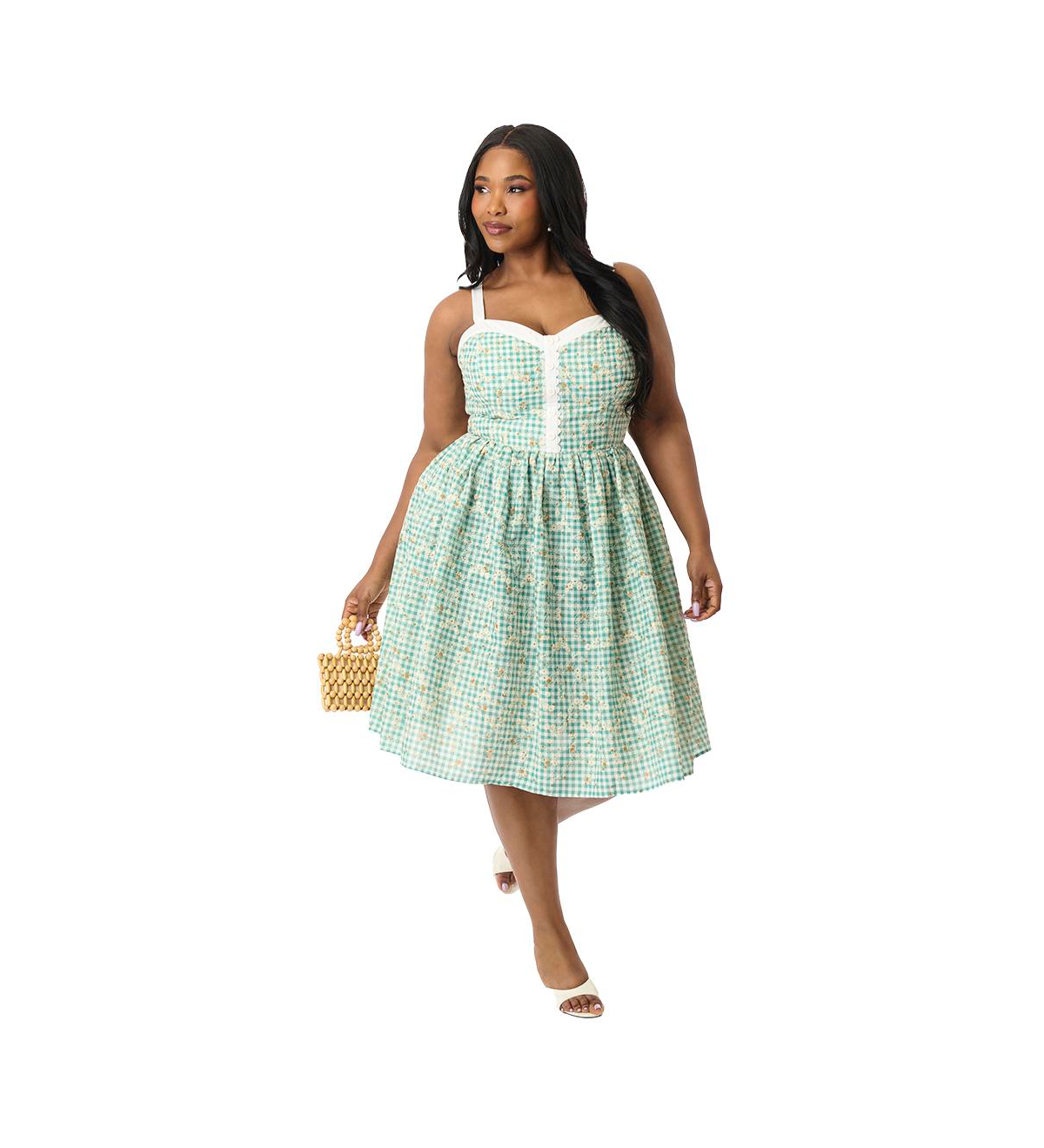 Plus Size 1950s Sleeveless Swing Dress - White  pink