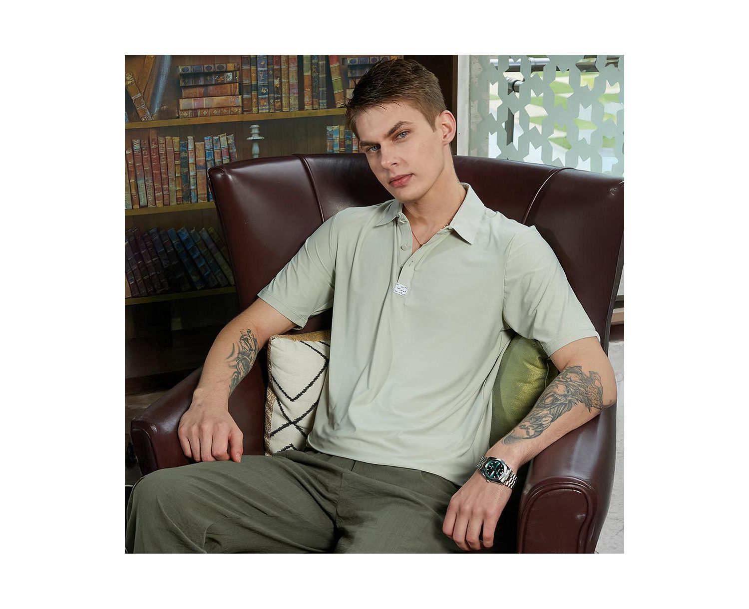 Men's Sage Green Seamless Solid Polo T-Shirt