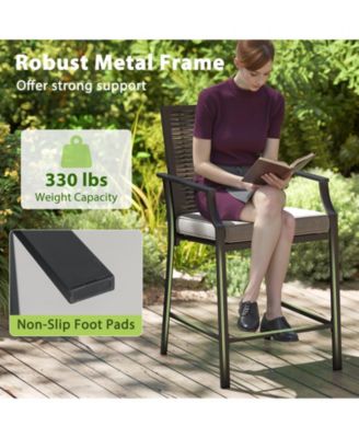 Patio Bar Stools Set of 2 Counter Height Rattan Bar Chairs with Armrest-Grey