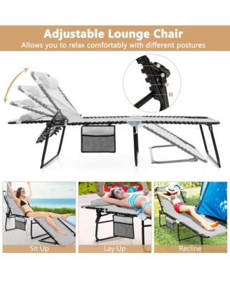 Folding Chaise Lounge Portable Lay Flat Reclining Chair w/ 4-Level Backrest Side Pocket