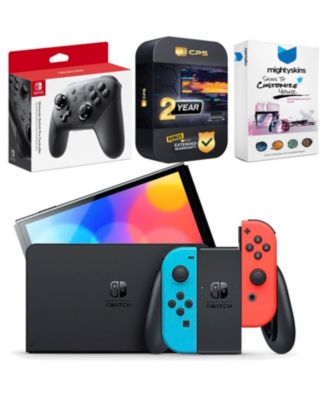 Switch Neon Red and Blue OLED Console with Pro Controller, MightySkins Console and Controller Skin Voucher, and 2 Year CPS Extended Warranty