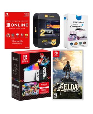 Switch OLED Console Mario Kart 8 Bundle with Legend of Zelda Breath of the Wild, NSO 12 Month Family Membership, MightySkins Console and Cont