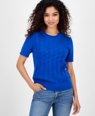 Nautica Jeans - Women's Cotton Cable-Knit Short-Sleeve Sweater