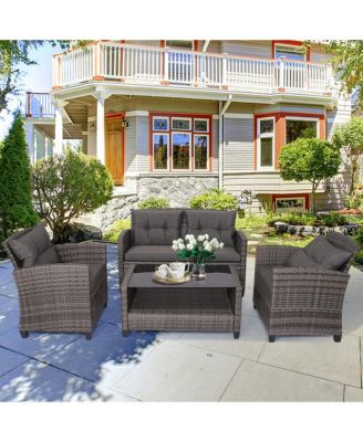 4PC Rattan Patio Conversation Set Cushioned Outdoor Furniture Set