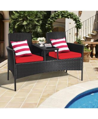 Rattan Wicker Patio Conversation Set w/ Table Red Cushion