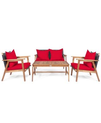4PCS Patio Conversation Set Wood Frame Furniture Set w/ Red Cushions