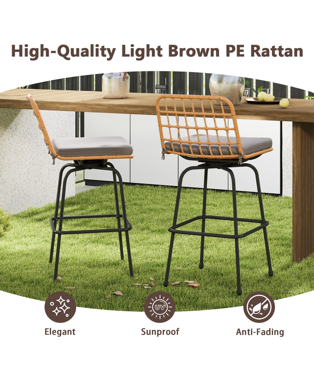 Gymax Patio 360° Swivel Bar Stools Set of 2 w/Backrests & Footrests Soft Seat Cushions