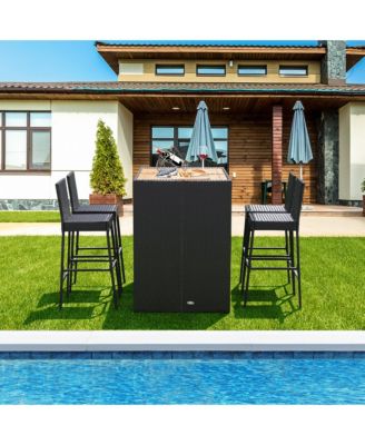 5-Piece Patio Rattan Bar Set Outdoor Wicker Set w/ Bar Height Table & 4 Bar Stools