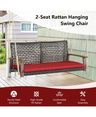 2-Seat Rattan Porch Swing Chair Outdoor Wicker Swing Bench W/ Seat Cushion Red