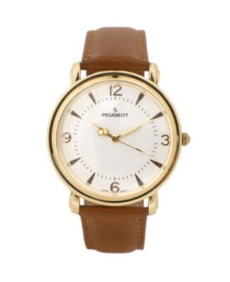 Peugeot Men 38mm Gold Retro Design Calf Skin Leather Strap watch