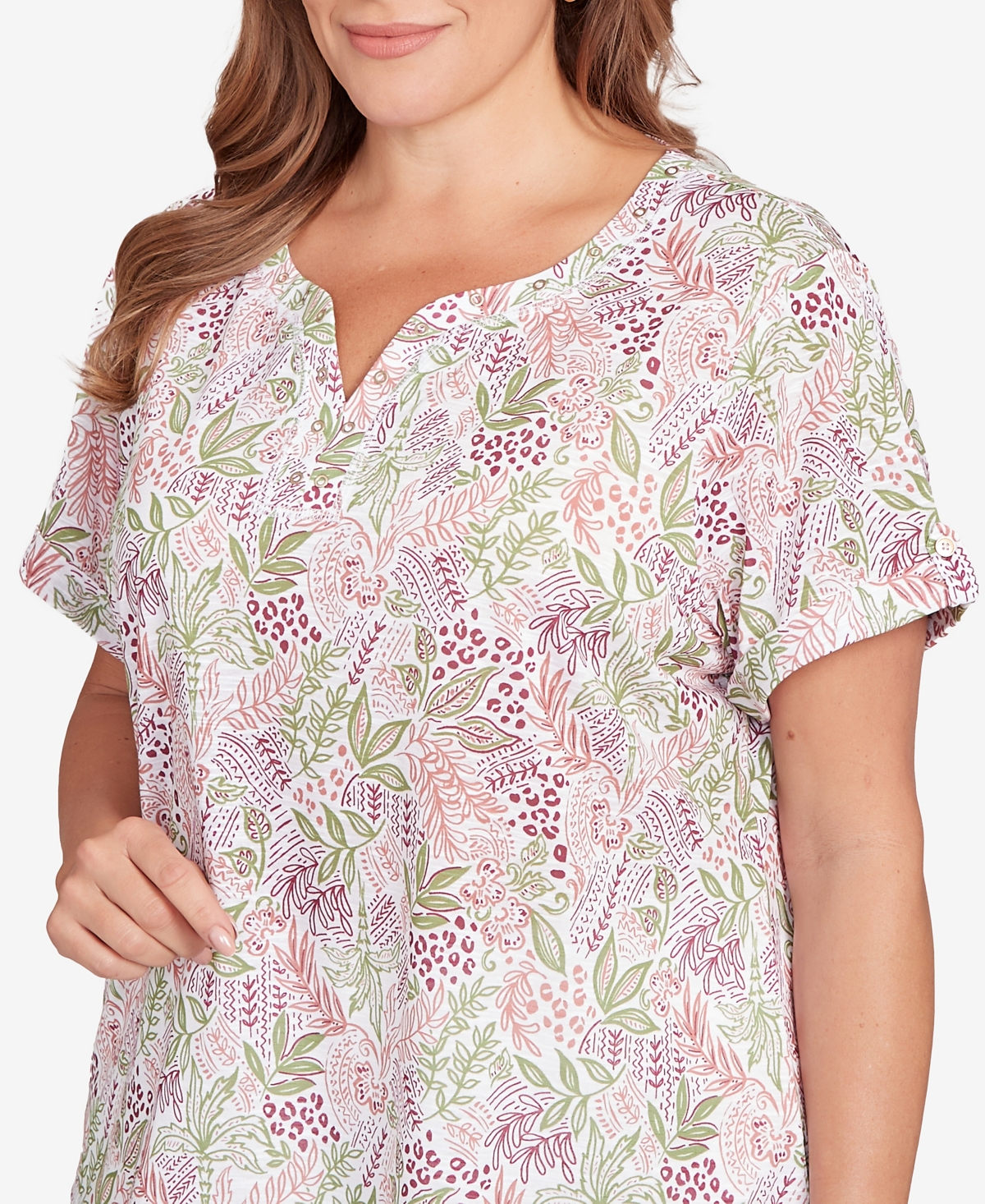 Hearts Of Palm Plus Size Embellished Garden Print Slub Top
