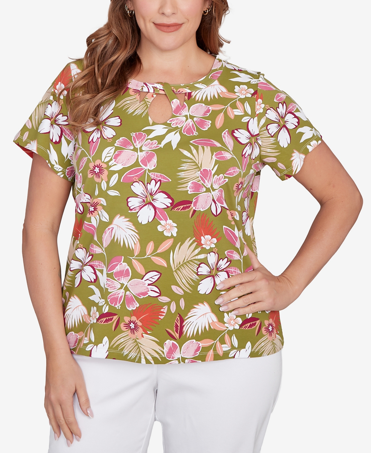 Plus Size Short Sleeve Embellished Blossom Top - Fern Multi