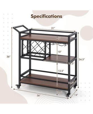 3-Tier Rolling Bar Serving Cart with Wine Rack and Glass Holder