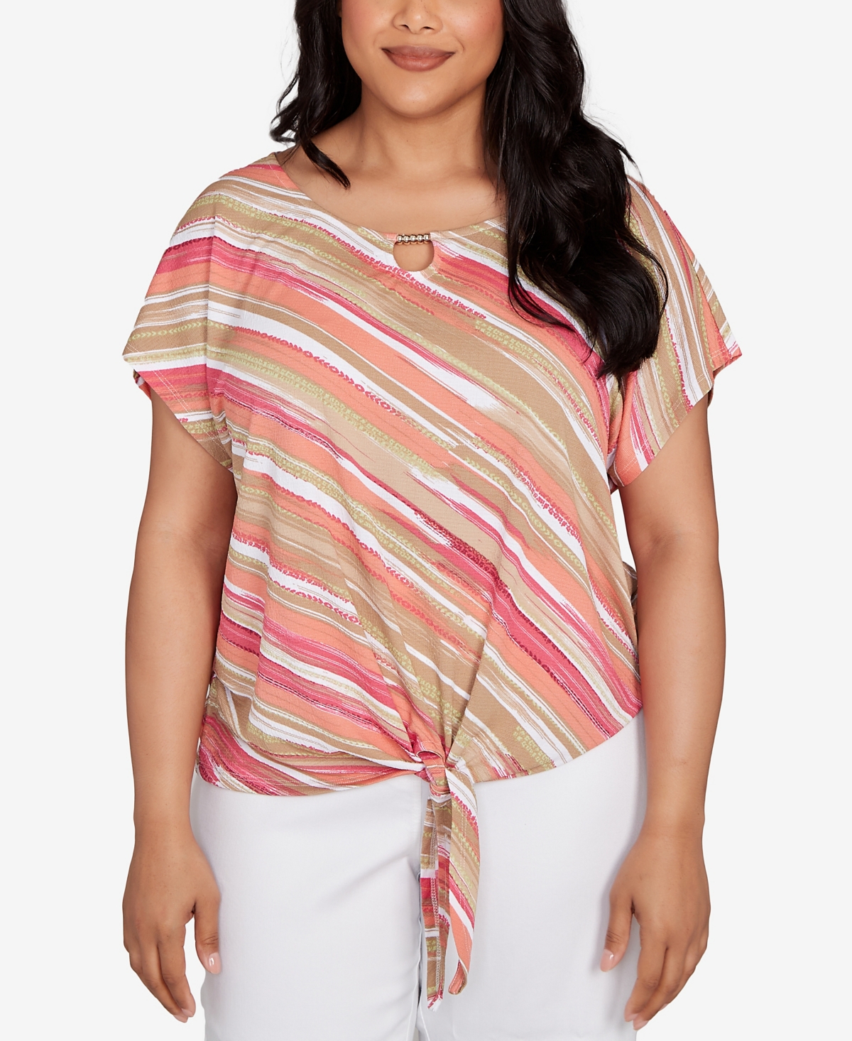 Plus Size Printed Crinkle Tie Front Top - Tan Multi
