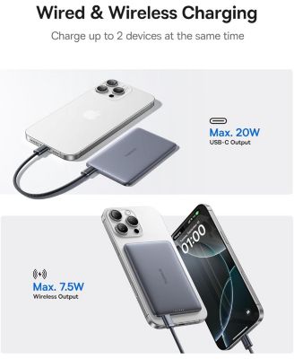 Picogo 5000mAh Ultra-Slim MagSafe Power Bank, Card-Size Wireless Charger with USB-C Braided Cable, Black