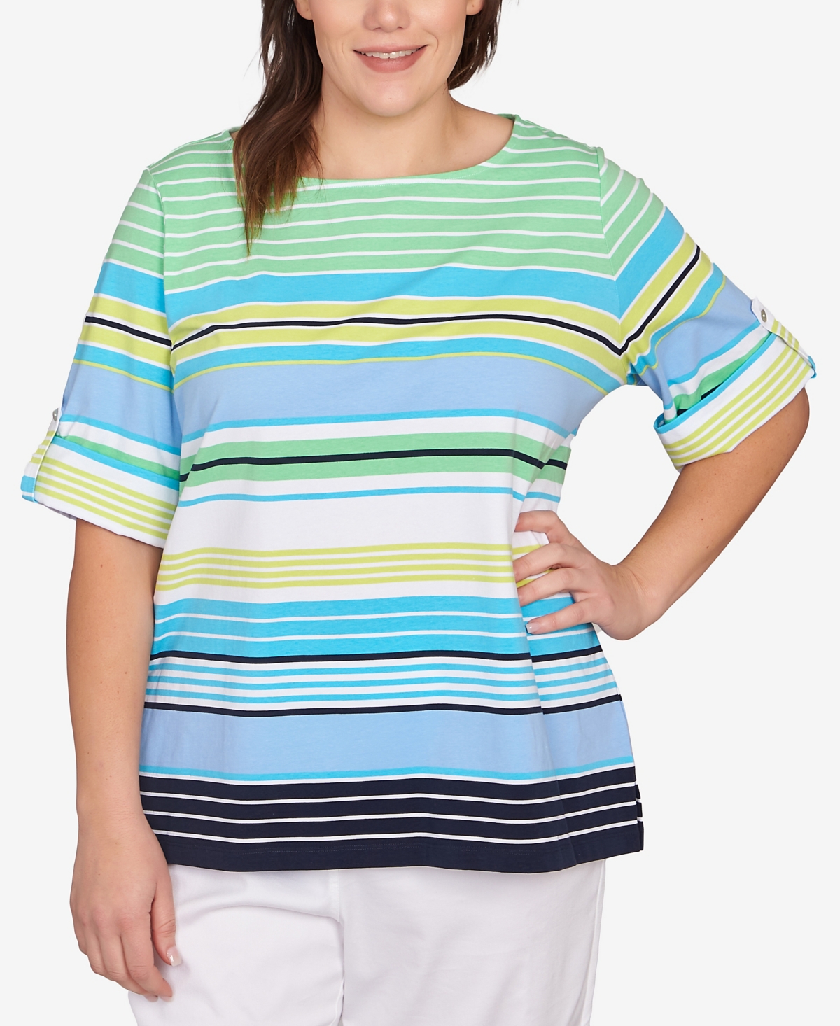 Plus Size Multi Stripe Roll Tab Top - Grapefruit Multi