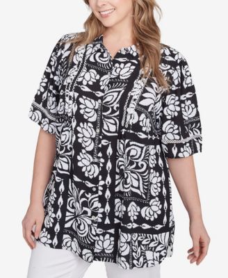 Plus Size Lotus Patchwork Button Front Camp Shirt