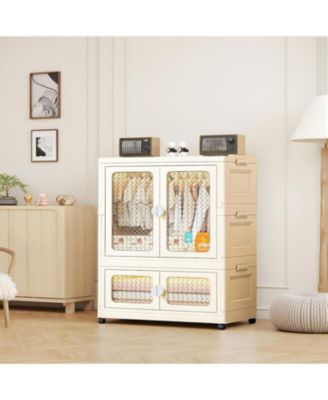 Stackable Storage Bins, Plastic Collapsible Storage Containers with Doors, Wheels and Hanging Rods, Large Lidded Closet Organizers Cabinet for Home Office