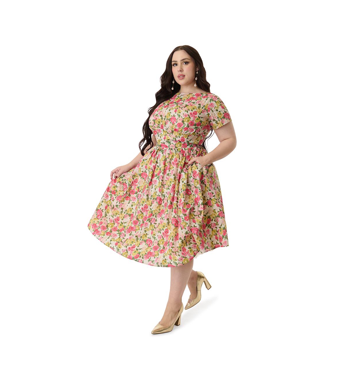Plus Size Smocked Back Swing Dress - Yellow  pink floral