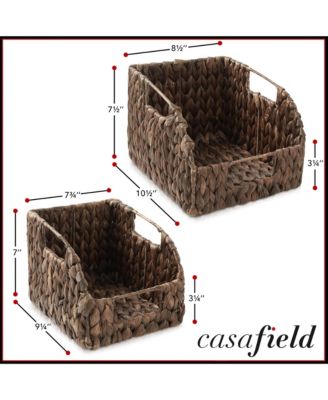 (Set of 2) Water Hyacinth Pantry Baskets with Handles - Natural, Medium and Large Size Woven Storage Baskets for Kitchen Shelves