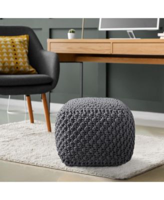 Square Pouf Ottoman, Light Gray - 18.5" W x 18.5" D x 14.5" H Cotton Knit Foot Stool - Boho Floor Pouffe for Living Room