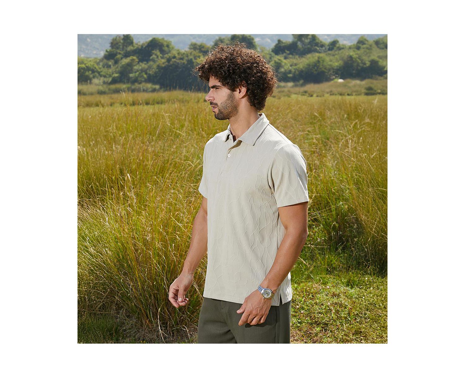 Men's Cream White Veined-Tactile Polo T-Shirt