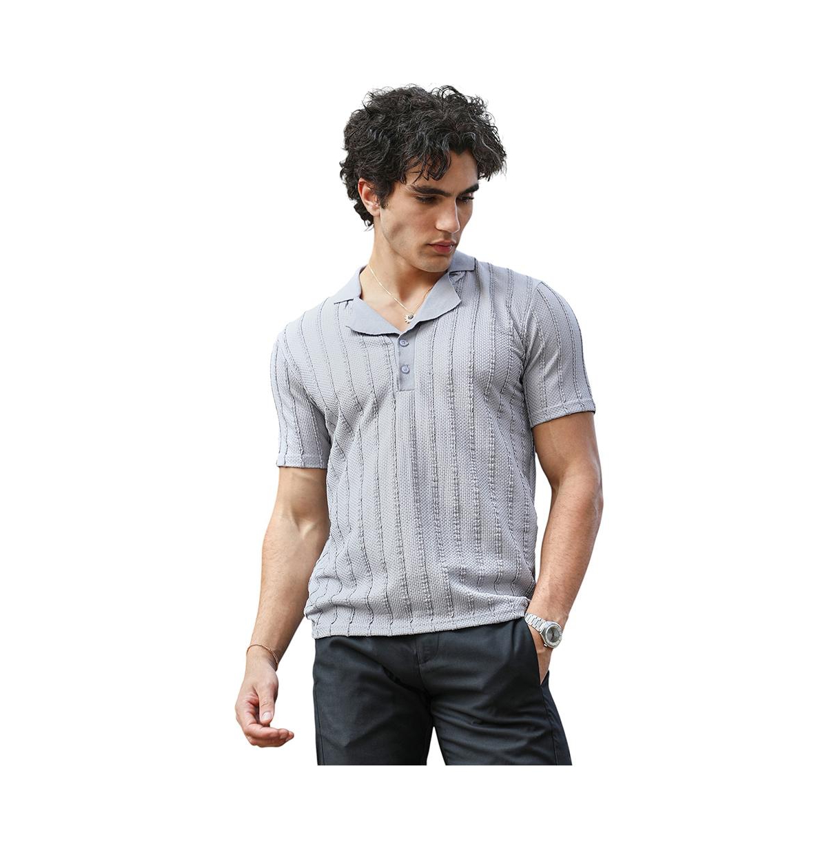 Men's Coin Grey Wicker-Tactitle Polo T-Shirt - Grey