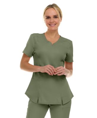 Women's Scrubs V-Neck Notch Fashion Stretch Scrub Top with Two Pockets, Flex Easy Care Fabric, Bubble Gum, Large