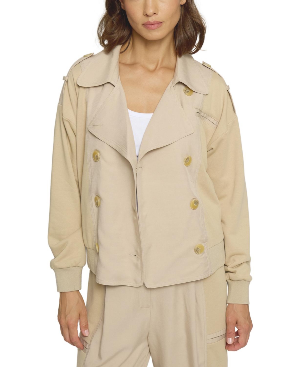 Women's Mixed Media Trench Bomber Jacket - Khaki