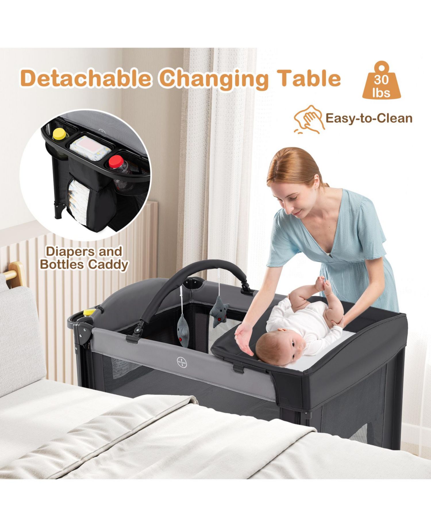 4-Level Adjustable Baby Bassinet with Foldable Design and Plush Mattress Changing Table